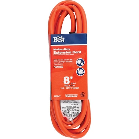 All-Source SJTW Extension Cord, 16 AWG, Outdoor, 16/2, 1 Outlets, Orange, 8 ft OU-JTW162-8-OR